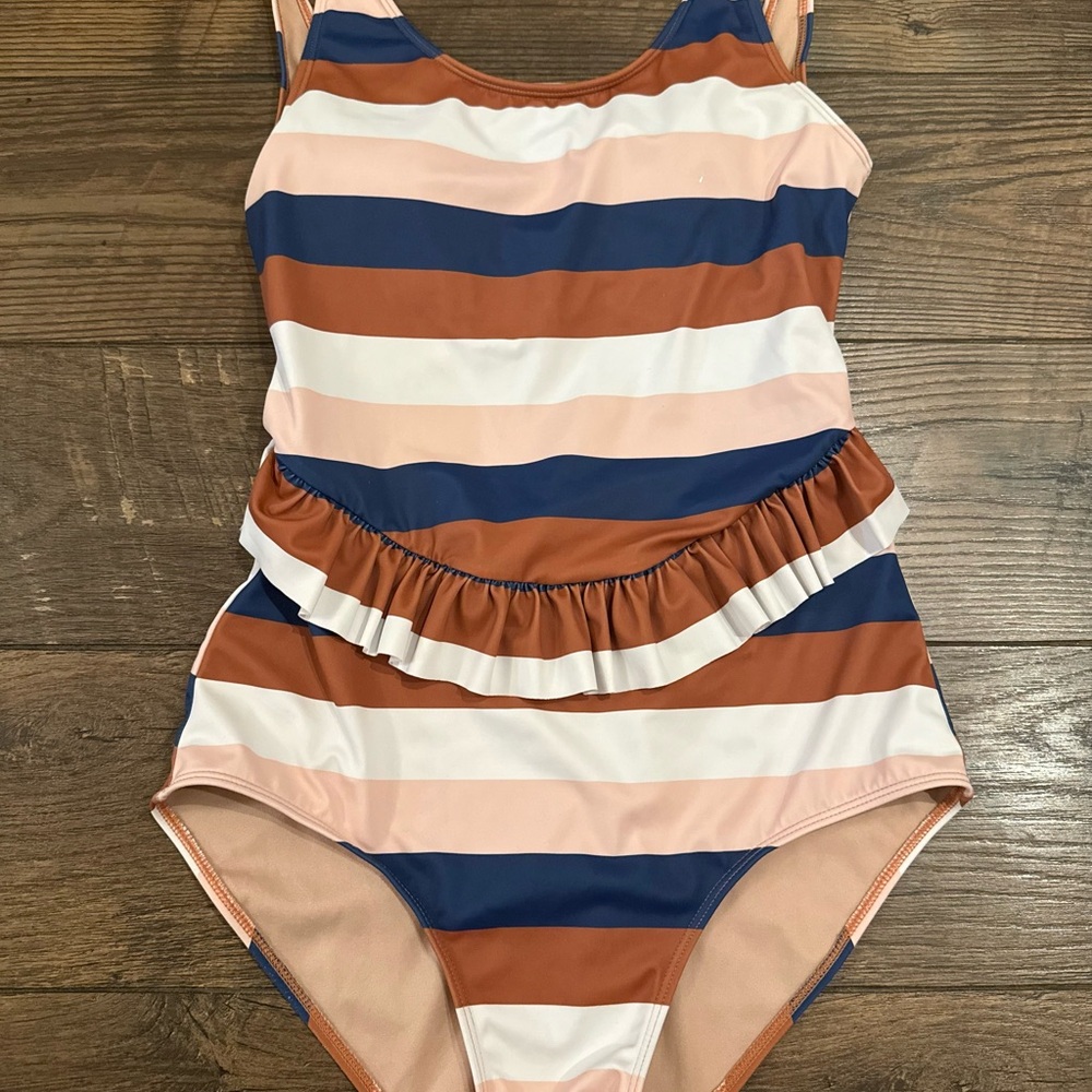 Kortni Jeane Women’s Swim One Piece Blue, Peach, and Orange Stripes Size S